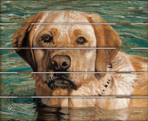 On the Job  Yellow Lab  18" x 22" Pallet Wall Art - Official Ducks Unlimited Art