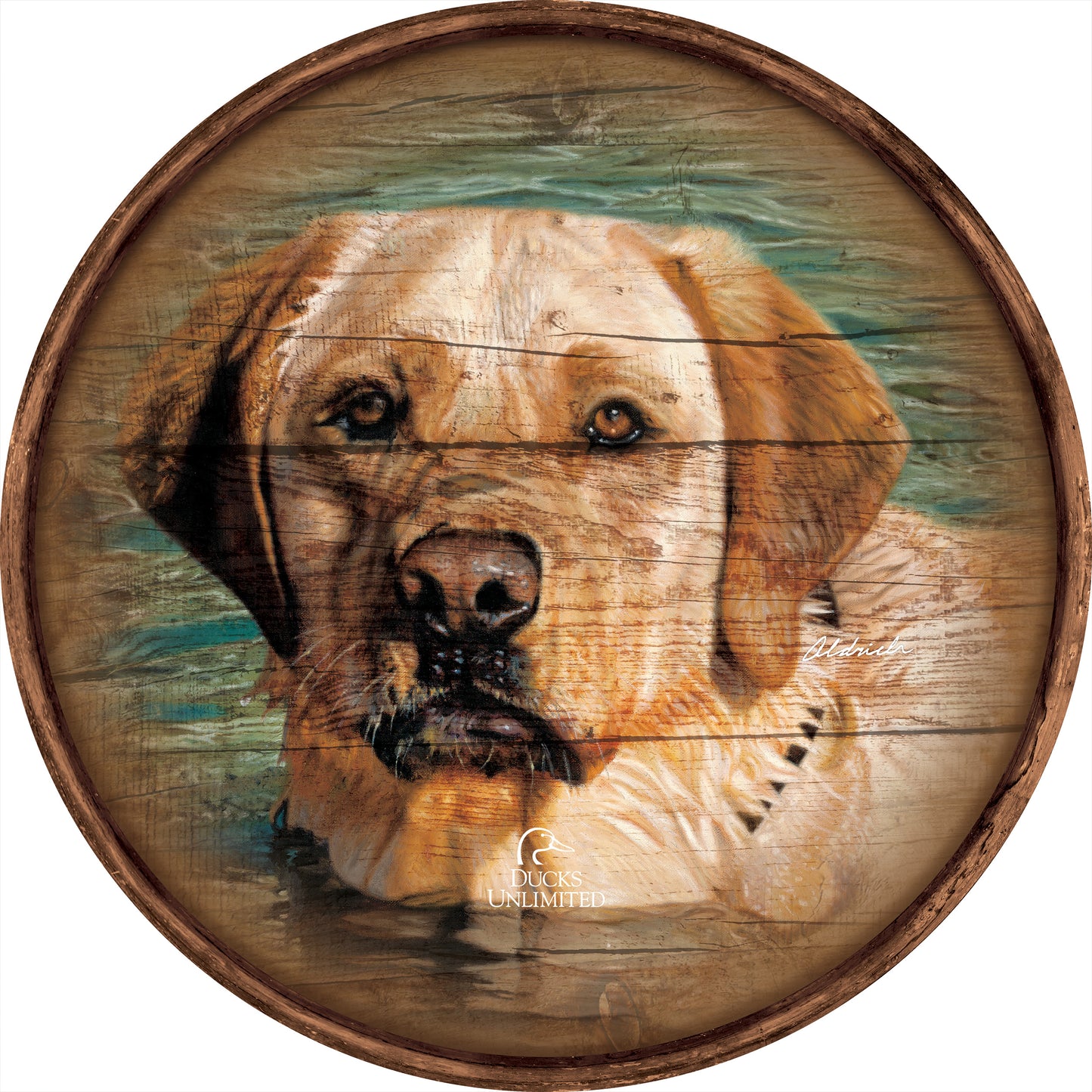 On the Job  Yellow Lab  21" Round Wood Sign - Official Ducks Unlimited Art