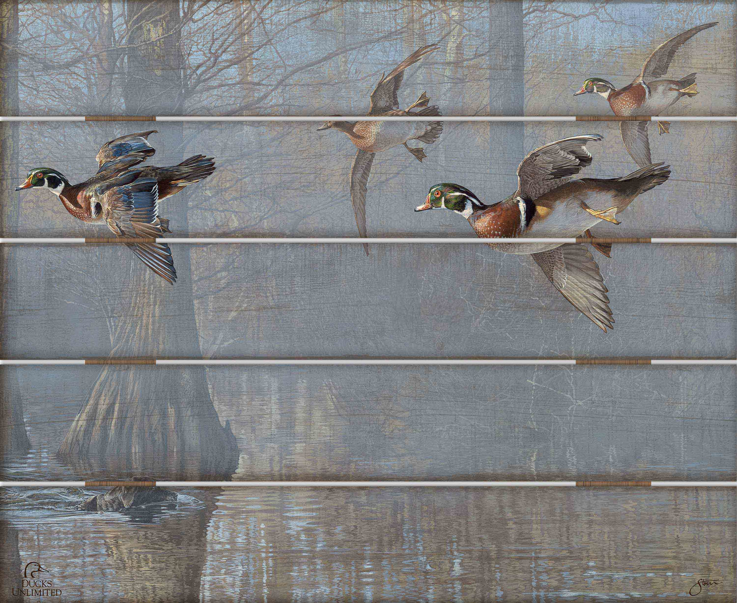 Out of the Mist - Wood Ducks 18" x 22" Pallet Wall Art  - Official Ducks Unlimited Art