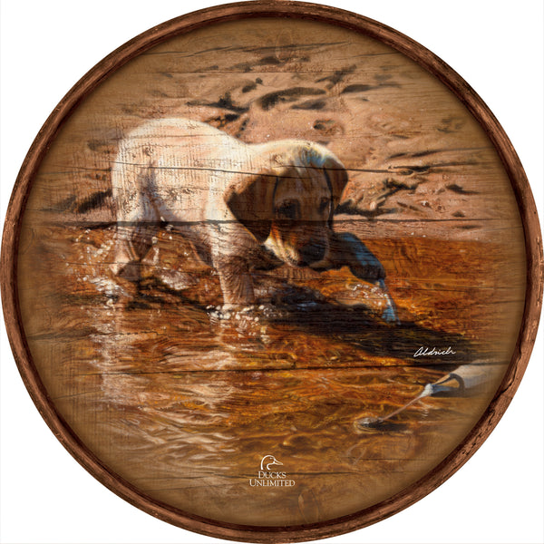 Piddle Paddle Pup  Yellow Lab  21" Round Wood Sign - Official Ducks Unlimited Art