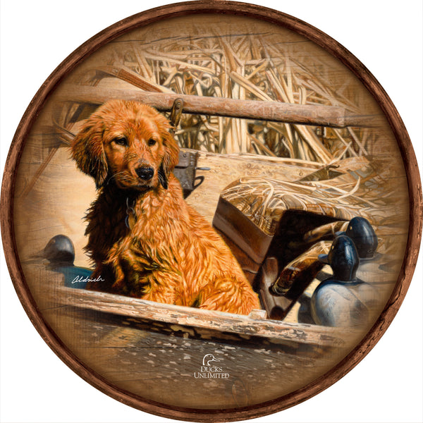 Pup Commander  Golden Retriever  21" Round Wood Sign - Official Ducks Unlimited Art