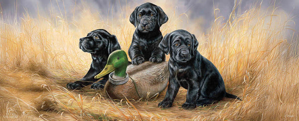 Ready for Class - Black Lab Puppies 12" x 30" Wood Sign - Official Ducks Unlimited Art