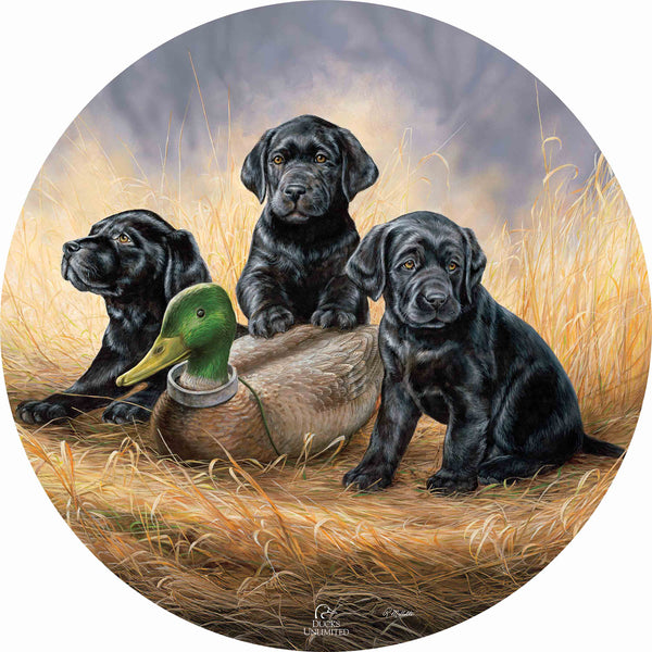 Ready for Class - Black Lab Puppies 21" Round Wood Sign - Official Ducks Unlimited Art