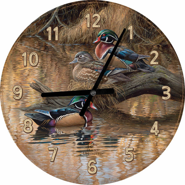 Sitting Pretty  Wood Ducks  21" Round Clock - Official Ducks Unlimited Art