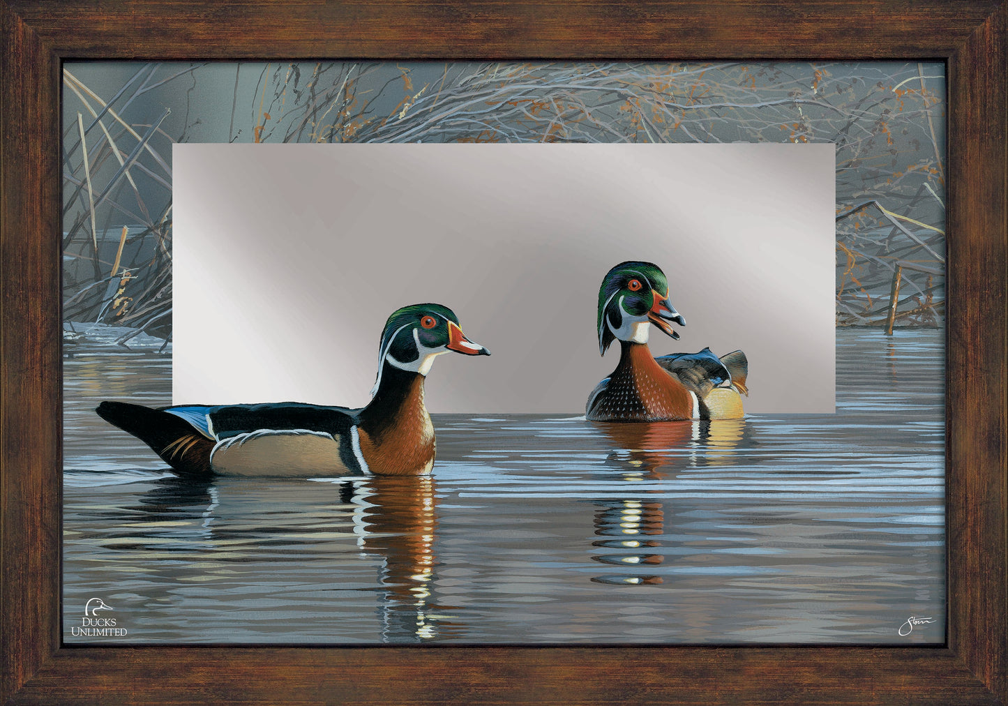 Springtime Chatter Wood Ducks 16" x 24" Mirror Framed Barnwood - Official Ducks Unlimited Art