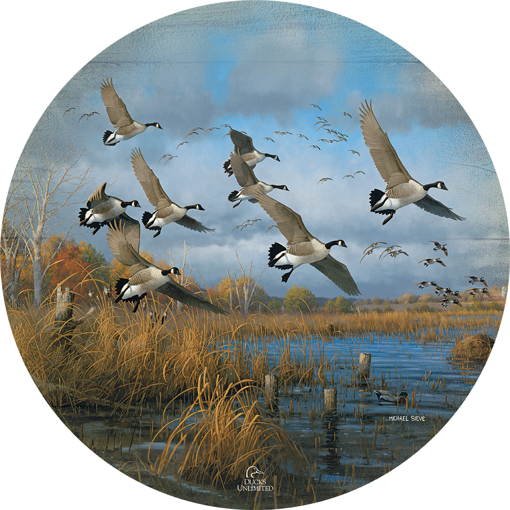Sunset Refuge Canada Geese 21" Round Wood Sign - Official Ducks Unlimited Art