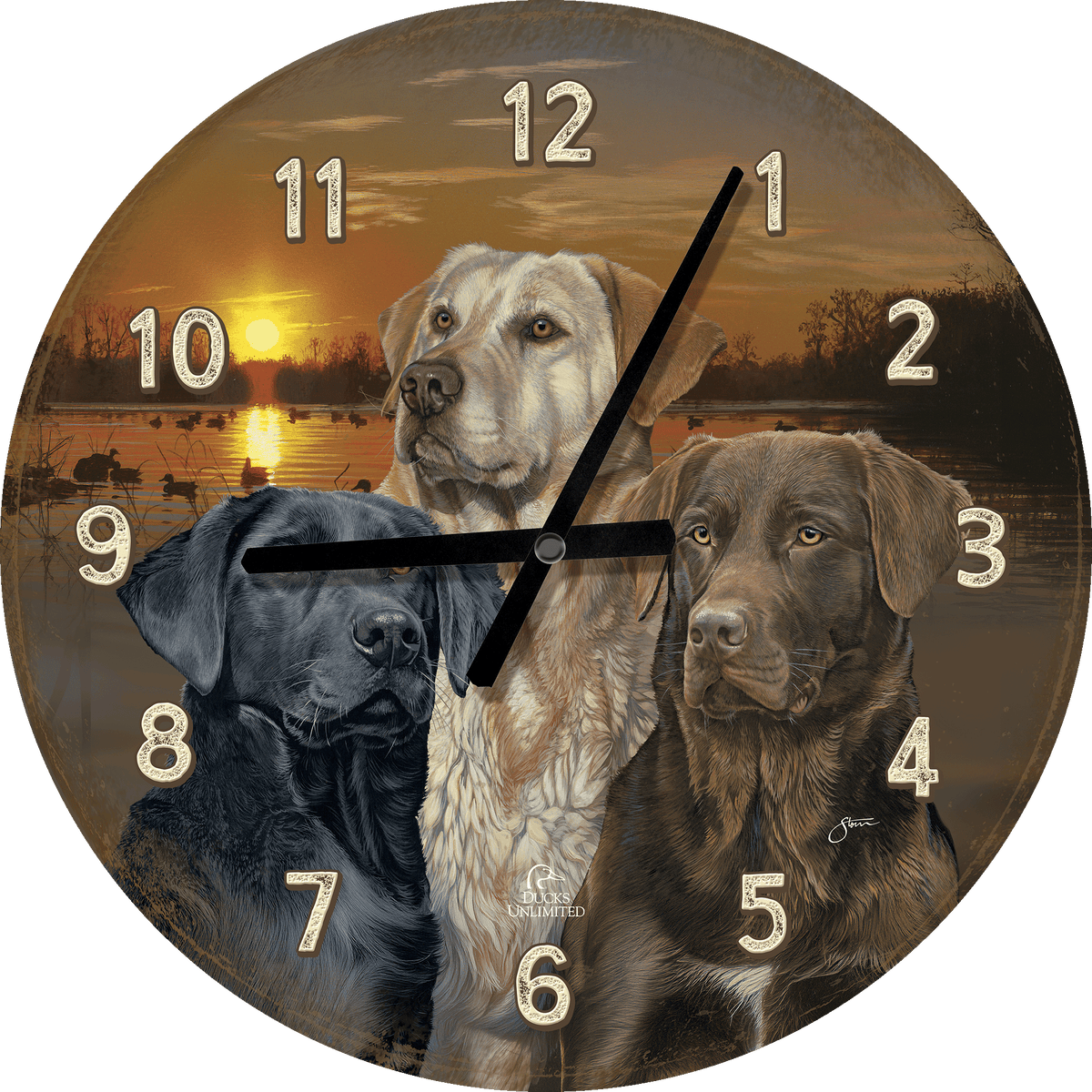 Sunset Trio - Dogs - 21" Round Clock - Official Ducks Unlimited Art