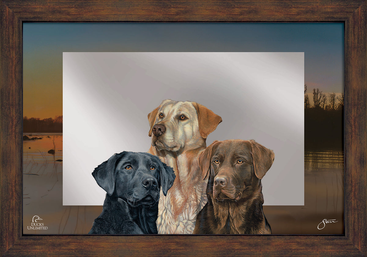 Sunset Trio - Dogs - 16" x 24" Mirror Framed Barnwood - Official Ducks Unlimited Art