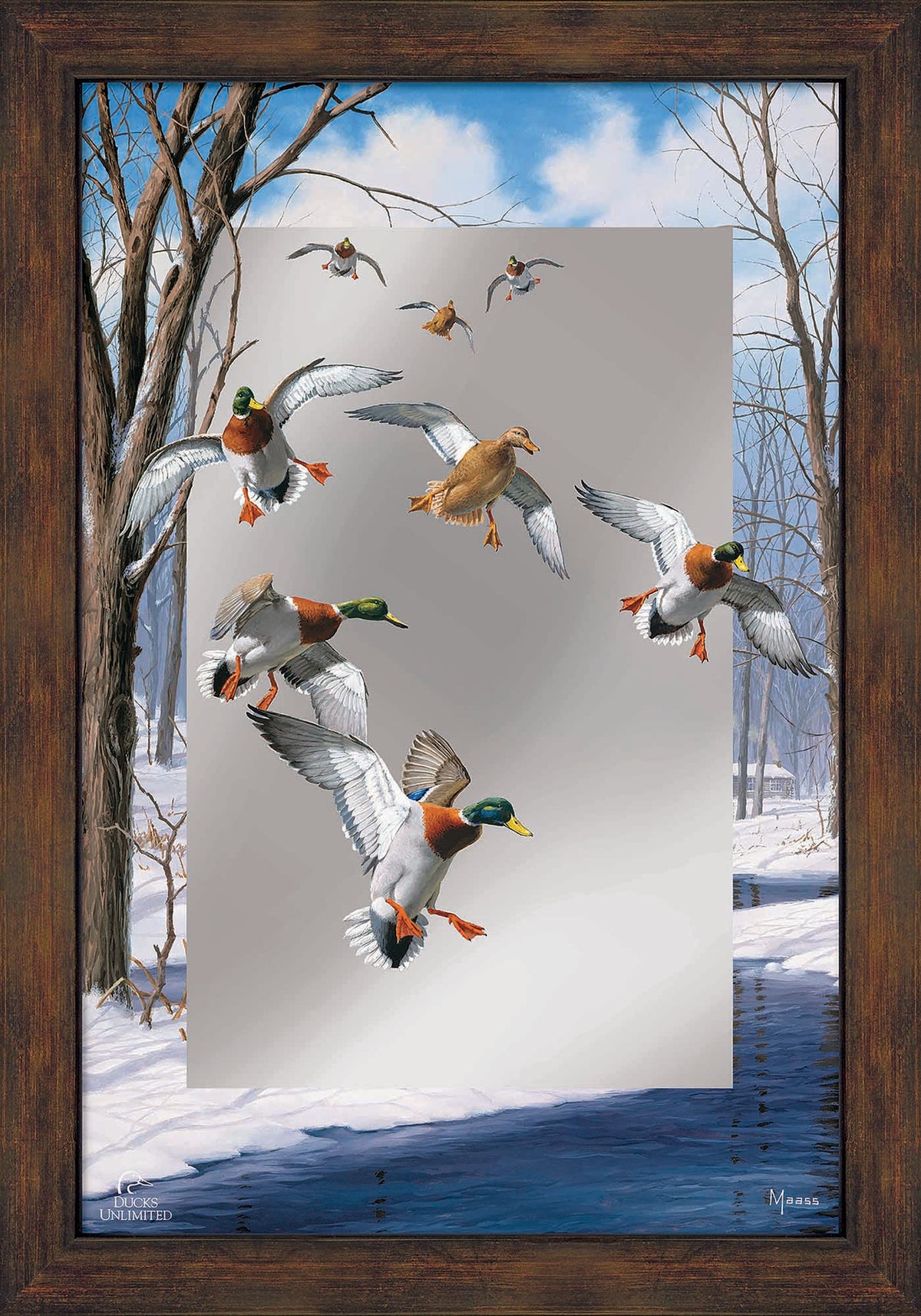 Winter Wonder- Mallards - 13" x 23" Mirror Framed Barnwood - Official Ducks Unlimited Art