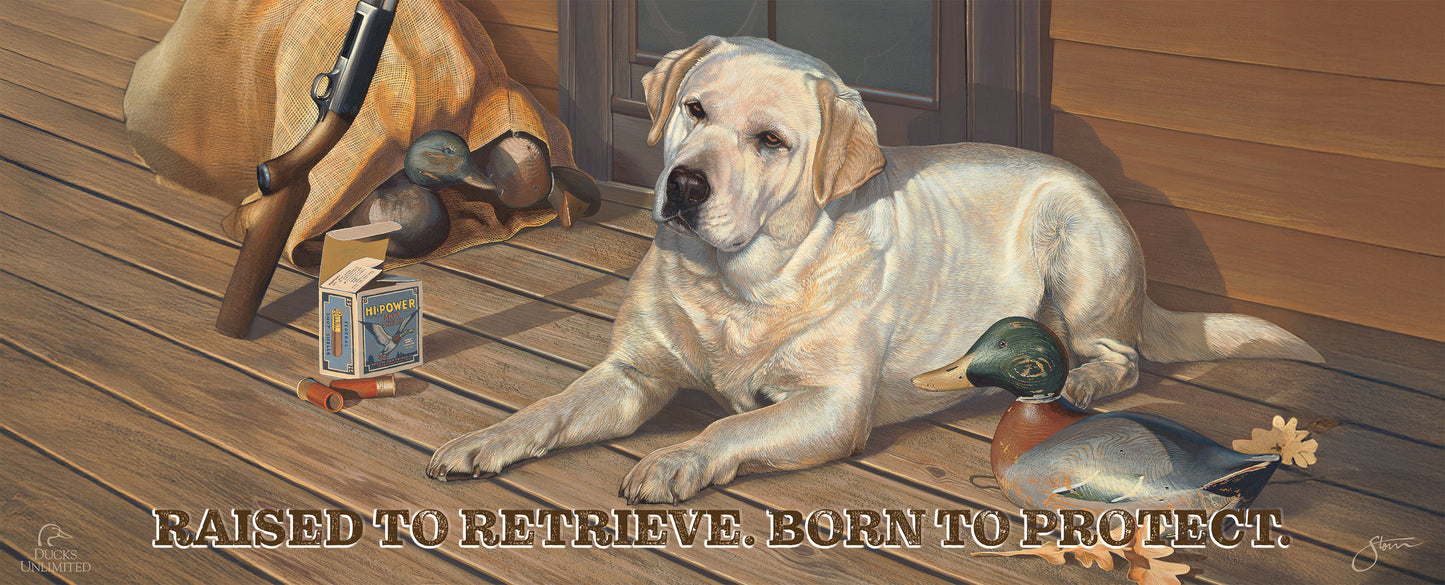 Bountiful Day Black Lab "Raised to retrieve. Born to protect."  12" x 30" Wood Sign - Official Ducks Unlimited Art