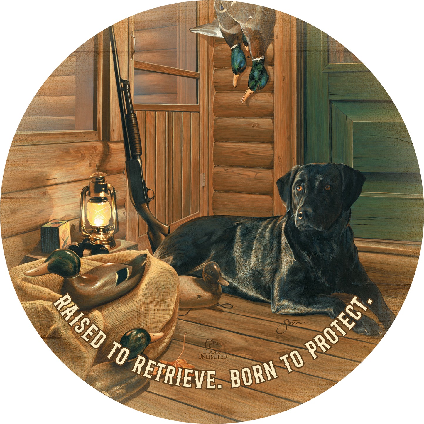 Bountiful Day Black Lab "Raised to retrieve. Born to protect."  21" Round Wood Sign - Official Ducks Unlimited Art