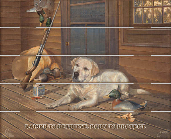 Bountiful Day Yellow Lab "Raised to retrieve. Born to protect."  18" x 22" Pallet Wall Art - Official Ducks Unlimited Art