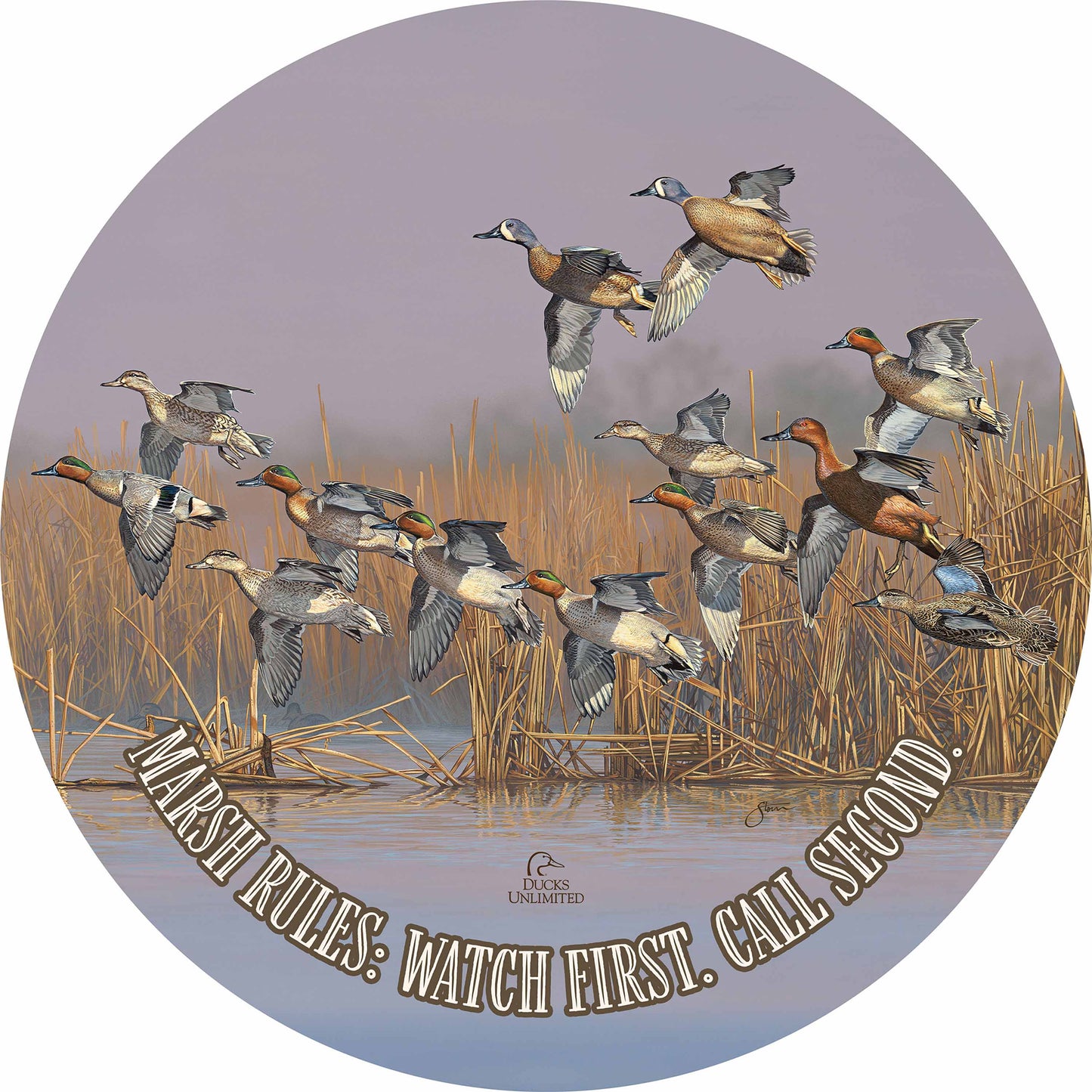 Teal Time "Built by wetlands. Protected by hunters."  21" Round Wood Sign - Official Ducks Unlimited Art