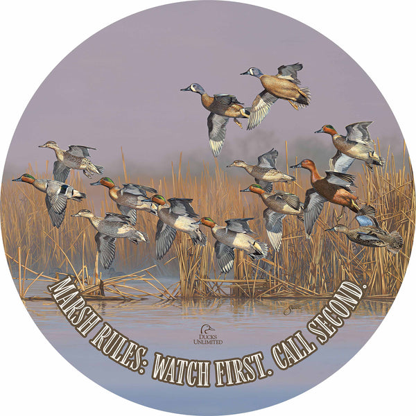 Teal Time "Built by wetlands. Protected by hunters."  21" Round Wood Sign - Official Ducks Unlimited Art