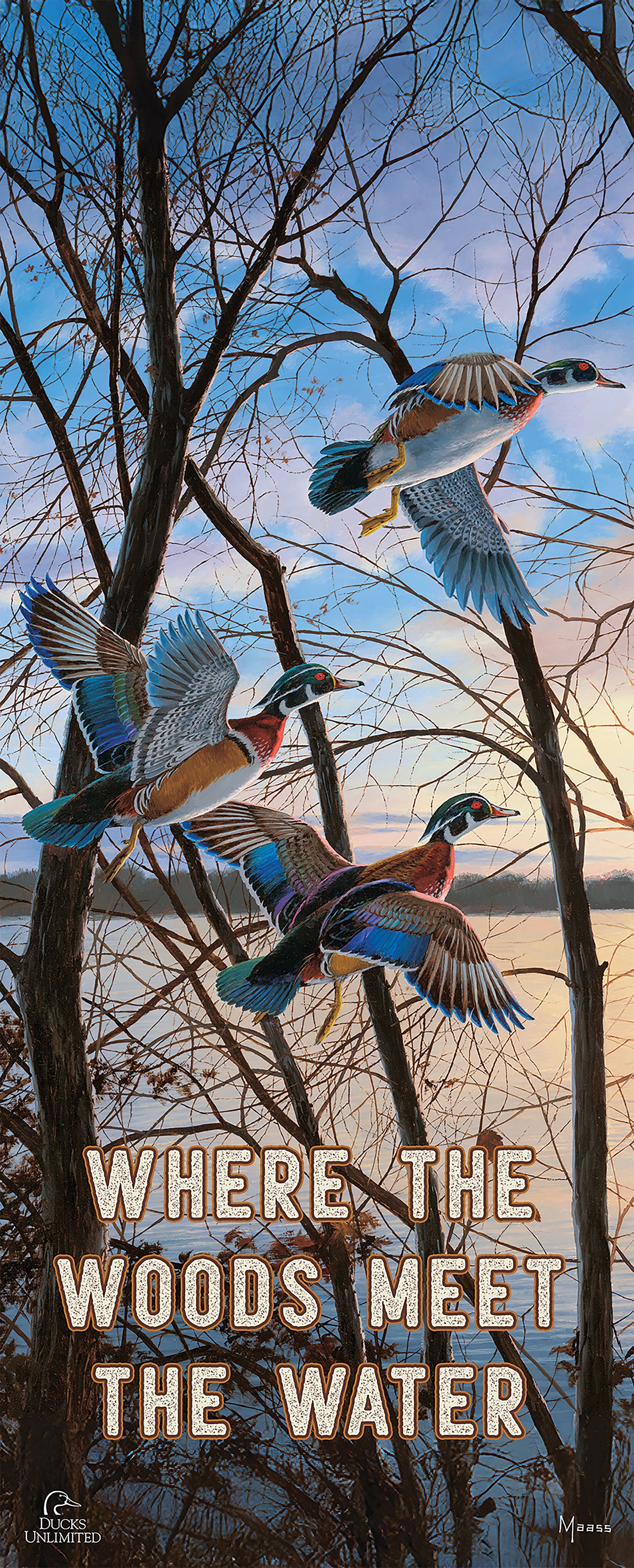 Evening Flight Wood Ducks "Where the Woods Meet the Water"  12" x 30" Wood Sign - Official Ducks Unlimited Art