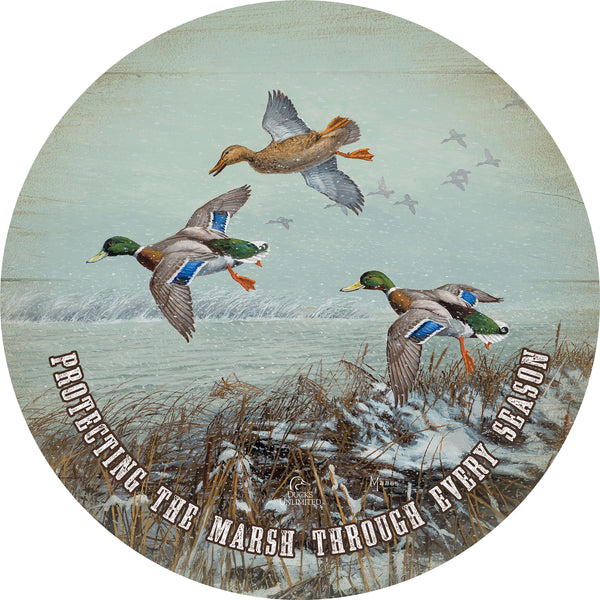 Finding Open Water Mallards "Protecting the Marsh Through Every Season"  21" Round Wood Sign - Official Ducks Unlimited Art