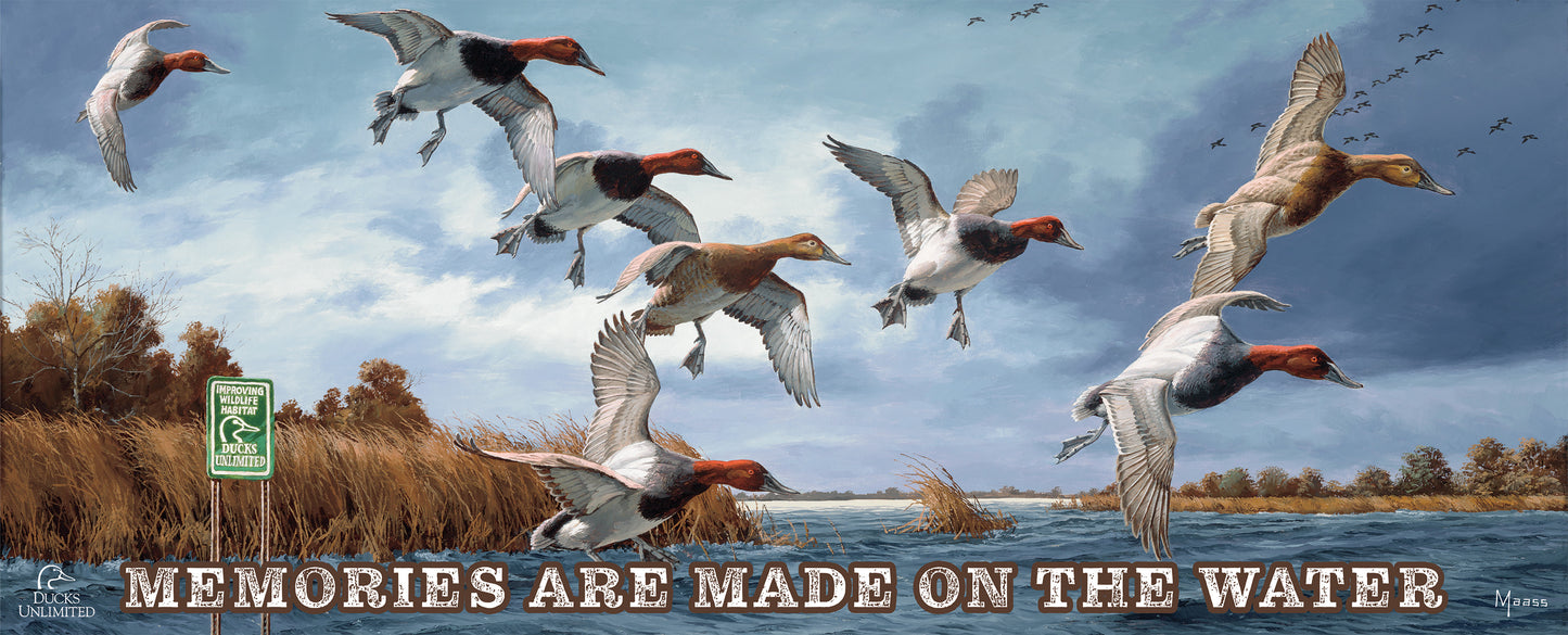 Fruits of Your Labor Canvasbacks "Memories Are Made on the Water"  12" x 30" Wood Sign - Official Ducks Unlimited Art