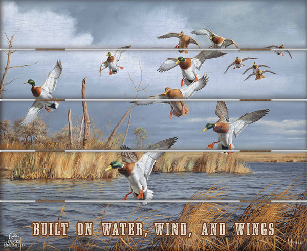 Greenhead Alert Mallards "Built on Water, Wind, and Wings"  18" x 22" Pallet Wall Art - Official Ducks Unlimited Art