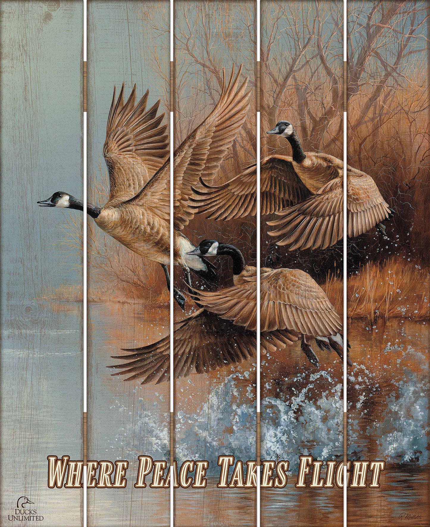 Taking Flight  Canada Geese "Where Peace Takes Flight" 18" x 22" Pallet Wall Art - Official Ducks Unlimited Art