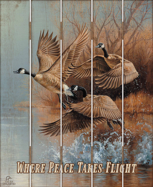Taking Flight  Canada Geese "Where Peace Takes Flight" 18" x 22" Pallet Wall Art - Official Ducks Unlimited Art