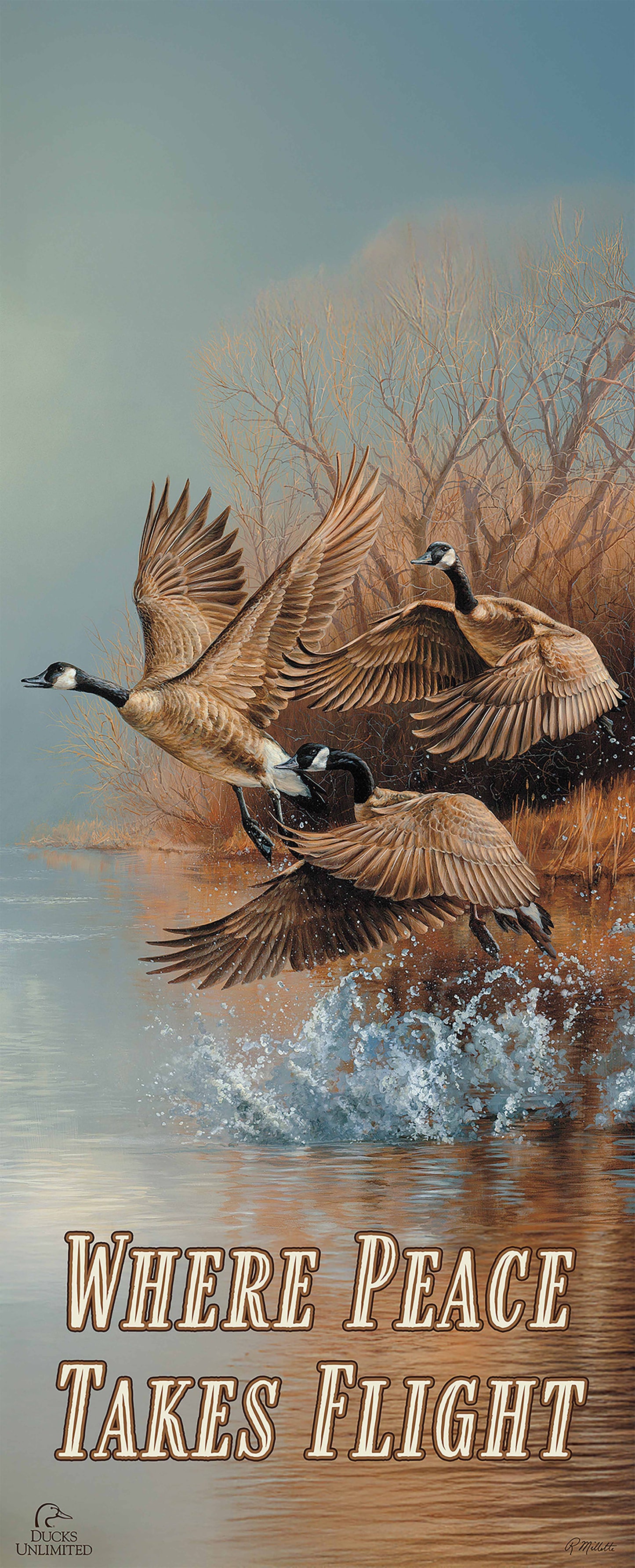 Taking Flight  Canada Geese "Where Peace Takes Flight" 12" x 30" Wood Sign - Official Ducks Unlimited Art
