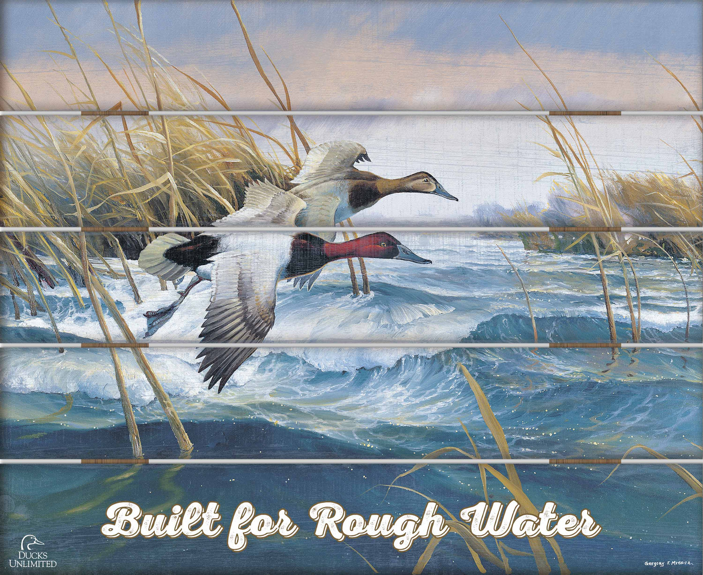 On the Deck Canvasbacks "Built for Rough Water."  18" x 22" Pallet Wall Art - Official Ducks Unlimited Art