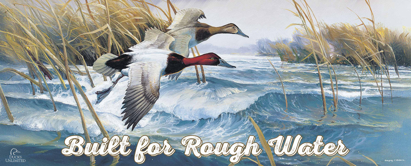 On the Deck Canvasbacks "Built for Rough Water."  12" x 30" Wood Sign - Official Ducks Unlimited Art