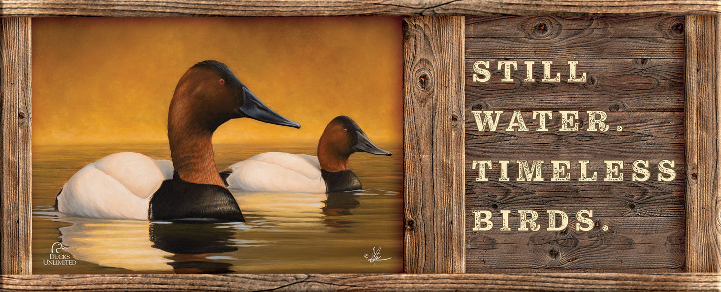 Canvas Back "Still Water. Timeless Birds."  12" x 30" Wood Sign - Official Ducks Unlimited Art
