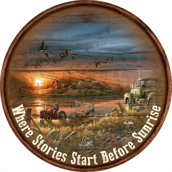 Patiently Waiting "Where Stories Start Before Sunrise."  21" Round Wood Sign - Official Ducks Unlimited Art