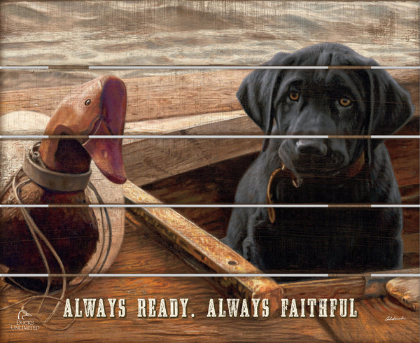 Old School  Black Lab "Always Ready. Always Faithful."  18" x 22" Pallet Wall Art - Official Ducks Unlimited Art