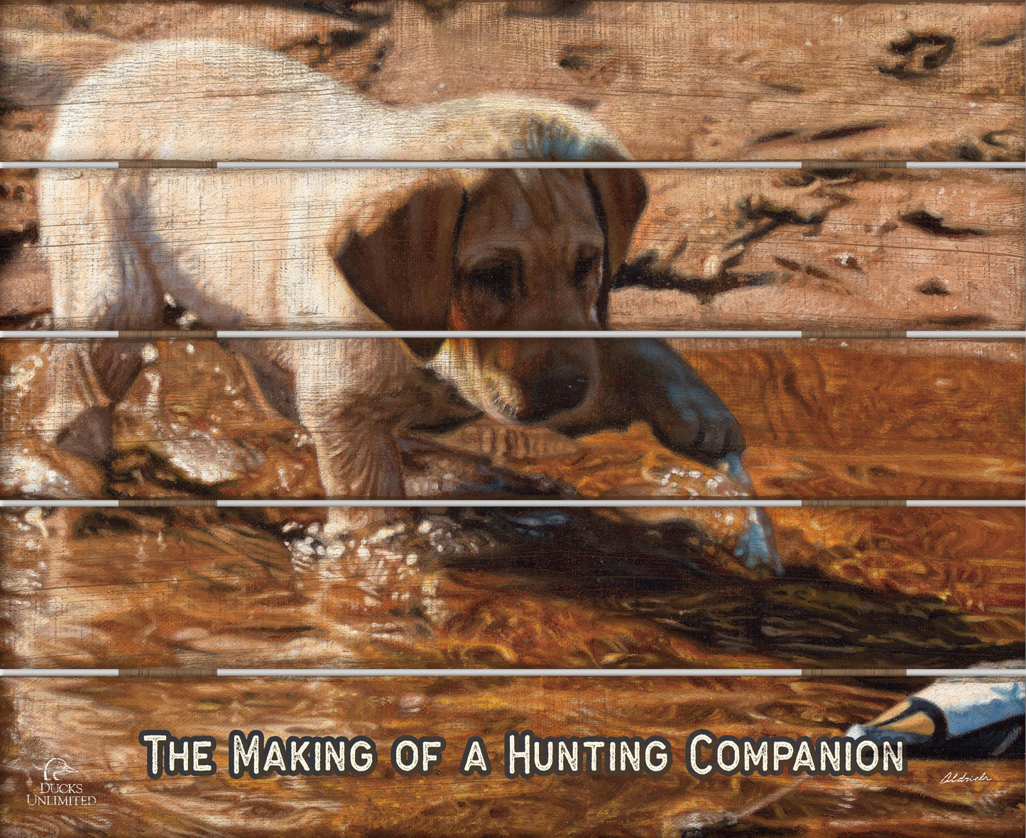 Piddle Paddle Pup  Yellow Lab "The Making of a Hunting Companion."  18" x 22" Pallet Wall Art - Official Ducks Unlimited Art