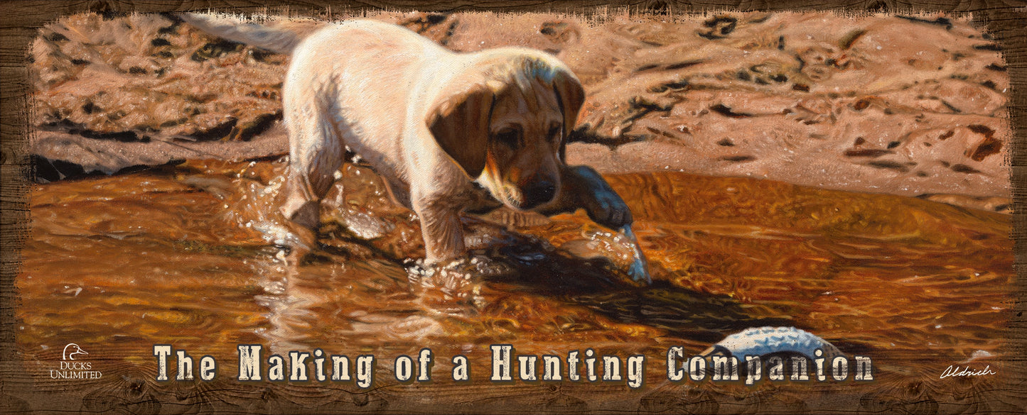 Piddle Paddle Pup  Yellow Lab "The Making of a Hunting Companion."  12" x 30" Wood Sign - Official Ducks Unlimited Art