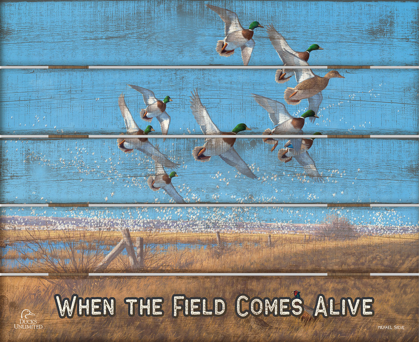 Courtship Flight  Mallard "When the Field Comes Alive."  18" x 22" Pallet Wall Art - Official Ducks Unlimited Art