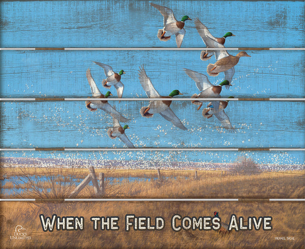 Courtship Flight  Mallard "When the Field Comes Alive."  18" x 22" Pallet Wall Art - Official Ducks Unlimited Art