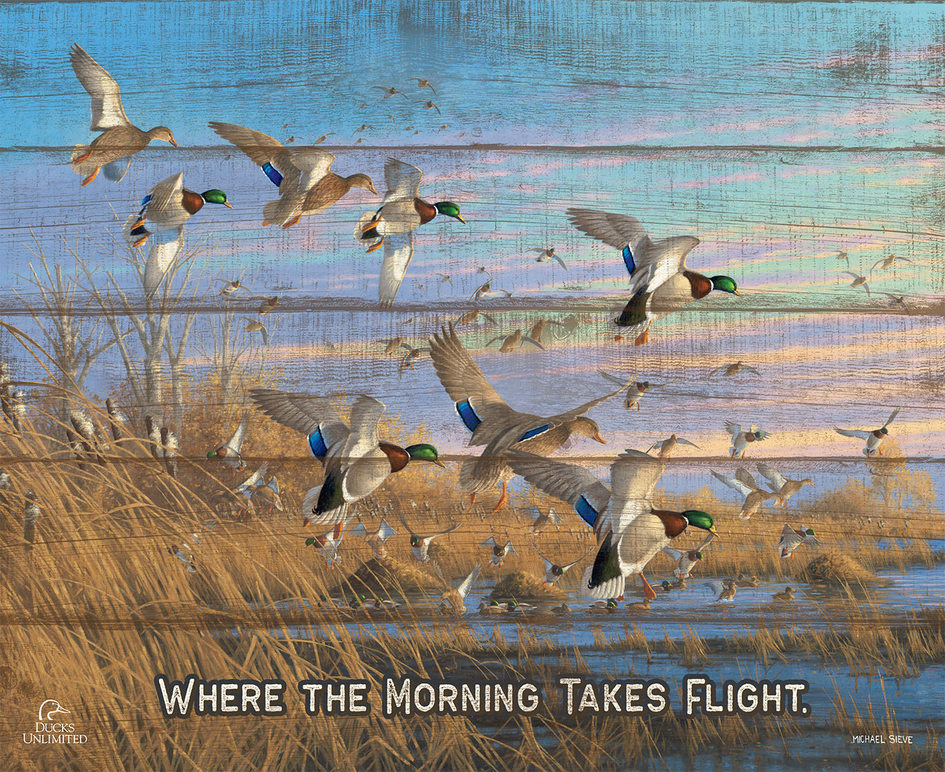 Dropping in Mallards "Where the Morning Takes Flight."  18" x 22" Pallet Wall Art - Official Ducks Unlimited Art