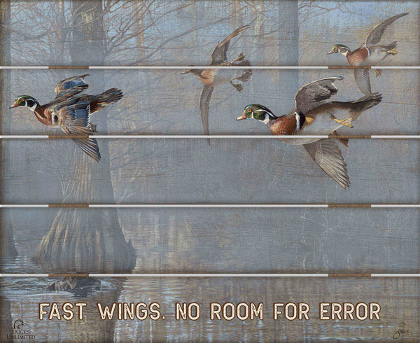 Out of the Mist - Wood Ducks “Fast Wings. No Room for Error.” 18" x 22" Pallet Wall Art - Official Ducks Unlimited Art