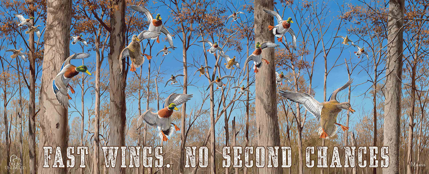 Down from the North - Mallards “Fast Wings. No Second Chances.” 12" x 30" Wood Sign - Official Ducks Unlimited Art