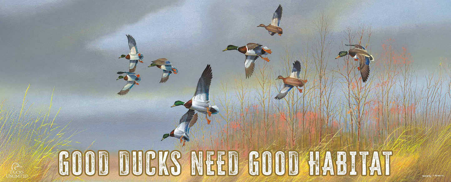 Returning Home "Wings Up. Decisions Made." 12" x 30" Wood Sign - Official Ducks Unlimited Art