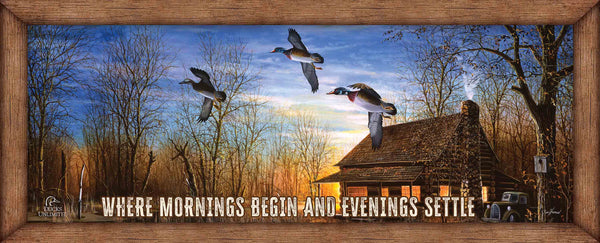 Passing Through “Where Mornings Begin and Evenings Settle.” 12" x 30" Wood Sign - Official Ducks Unlimited Art