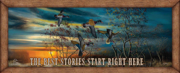 Autumn Splendor “The Best Stories Start Right Here.” 12" x 30" Wood Sign - Official Ducks Unlimited