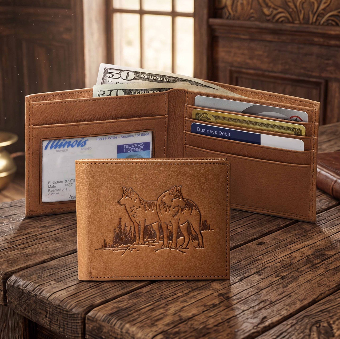 Leather Bifold Wolf  Wallet