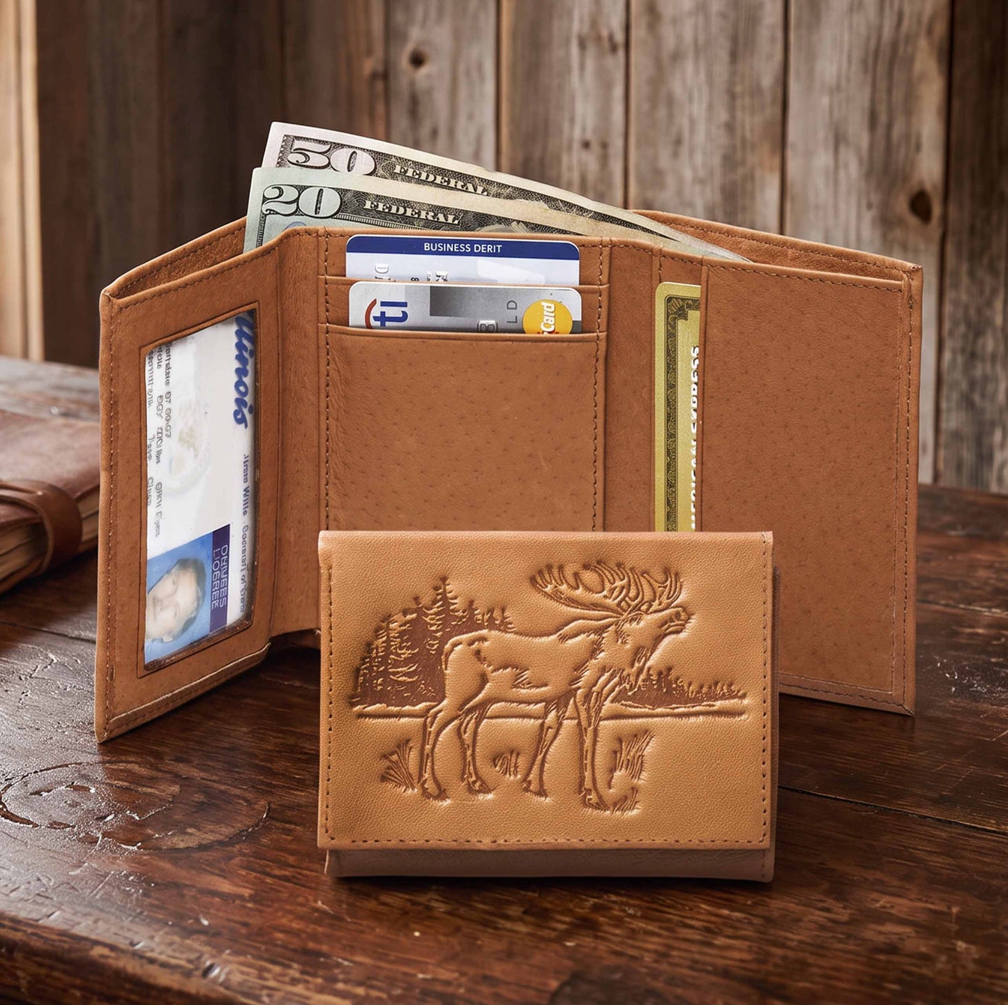 Leather Trifold Moose Wallet