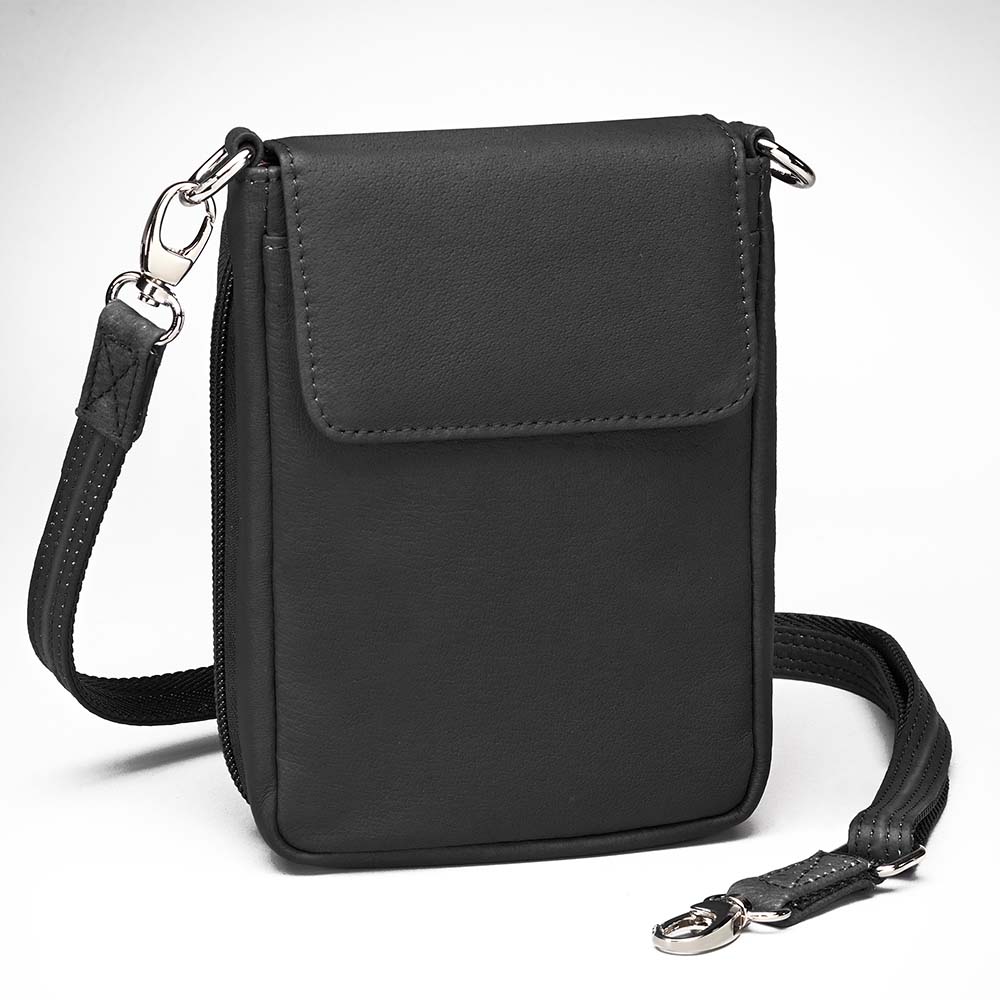 Leather Crossbody Phone Pouch with Concealed Carry Compartment - Black
