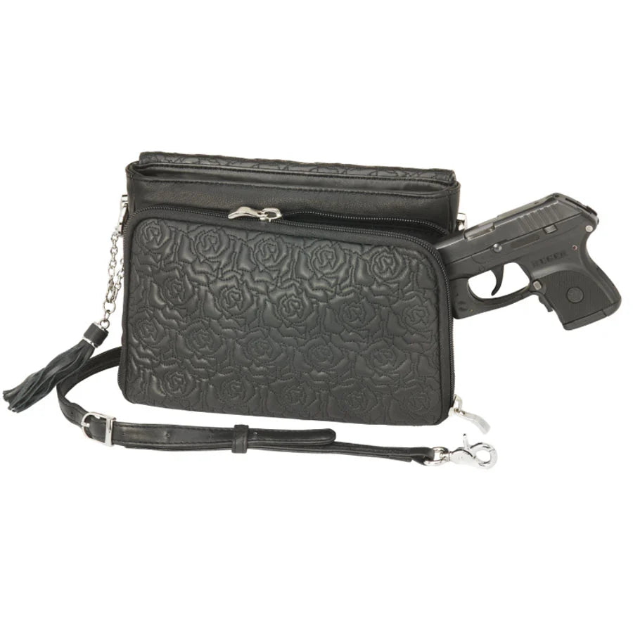 Leather Clutch Concealed Carry Purse Embroidered Lambskin - Black