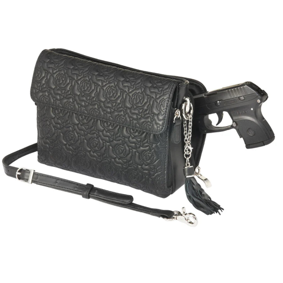 Leather Clutch Concealed Carry Purse Embroidered Lambskin - Black