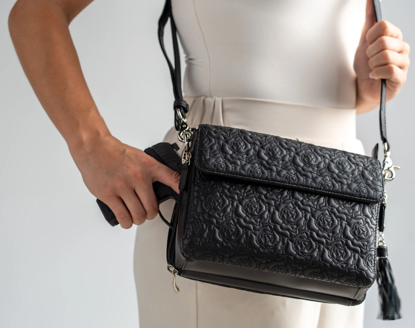 Leather Clutch Concealed Carry Purse Embroidered Lambskin - Black