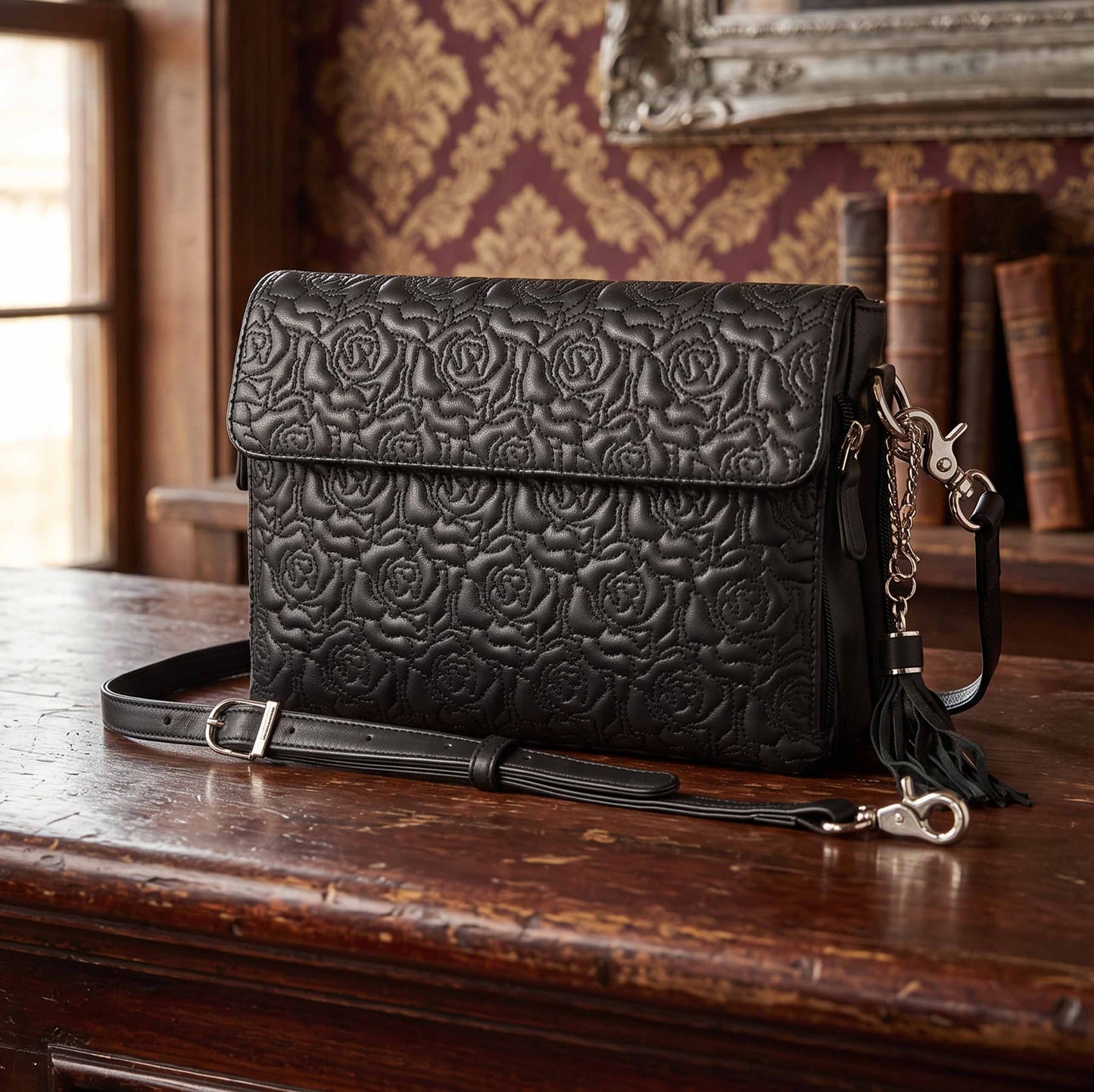 Leather Clutch Concealed Carry Purse Embroidered Lambskin - Black