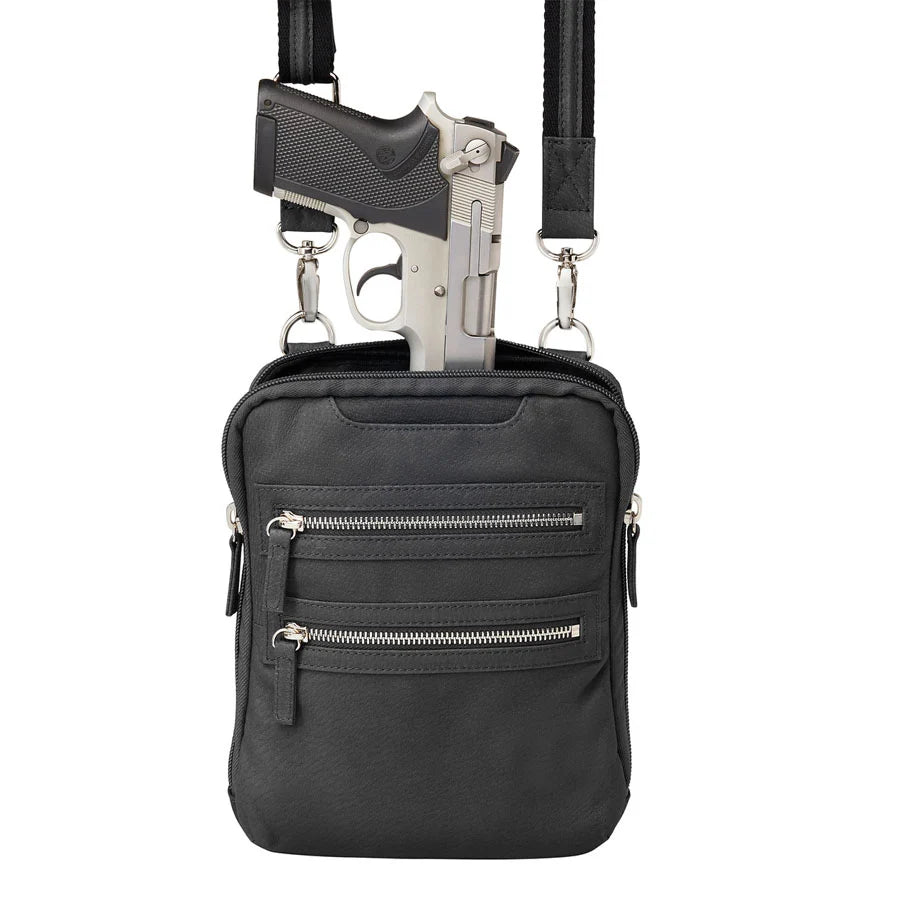 Leather Crossbody Essential Concealed Carry Tumbled Leather - Black