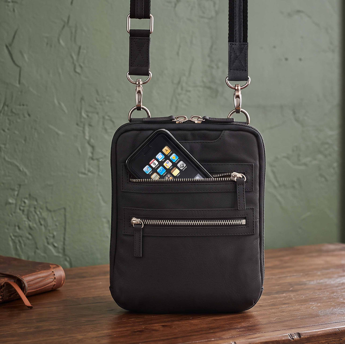 Leather Crossbody Essential Concealed Carry Tumbled Leather - Black