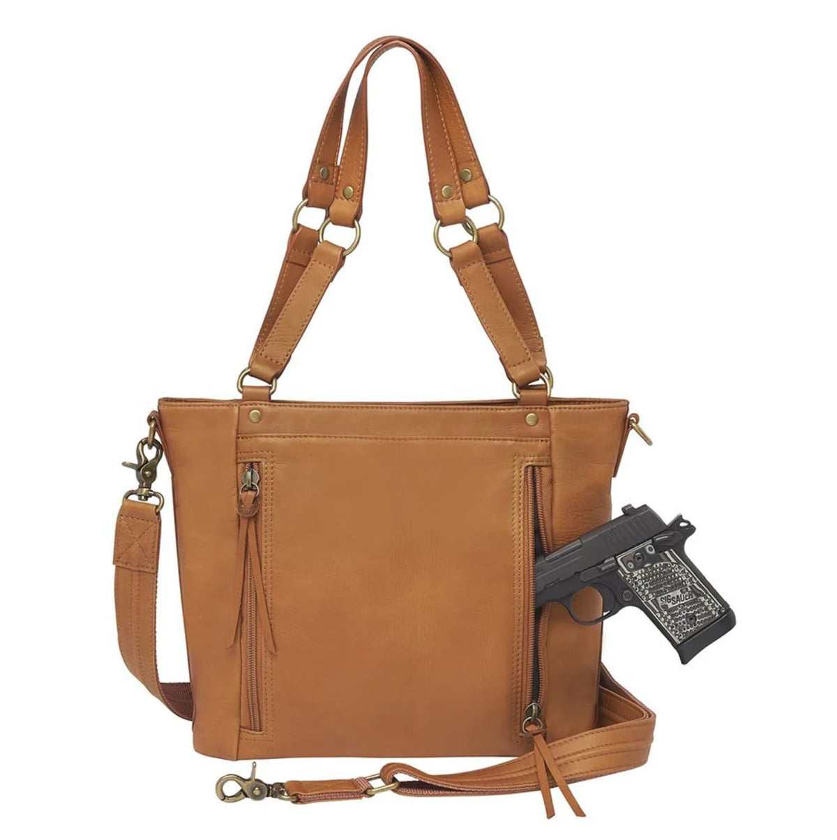 Leather BOHO Shoulder Tote Concealed Carry Purse Cowhide - Tan